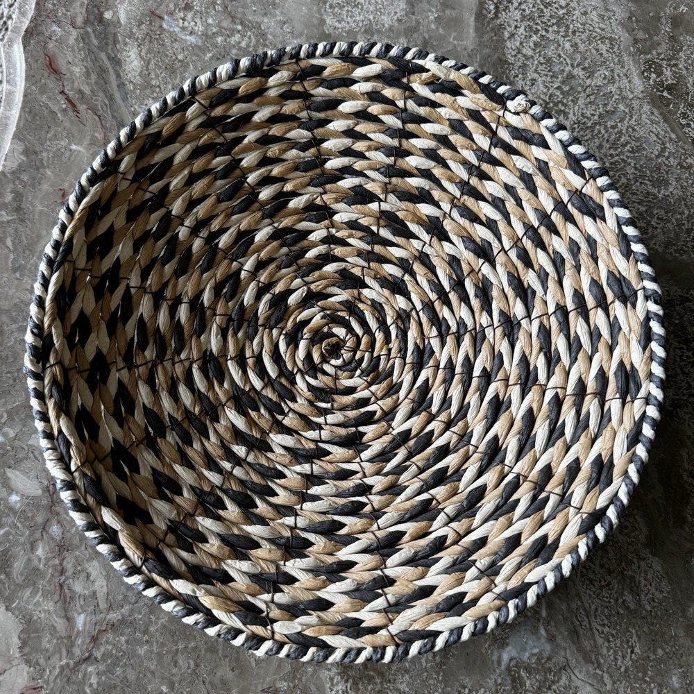 Black, White, Tan Woven Basket 12" Diameter Wired Backing